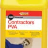 Yellow plastic container of Everbuild 506 Universal Contractors PVA adhesive with black cap and red/white label (glue carton).