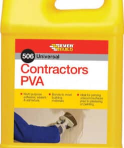 Yellow plastic container of Everbuild 506 Universal Contractors PVA adhesive with black cap and red/white label (glue carton).